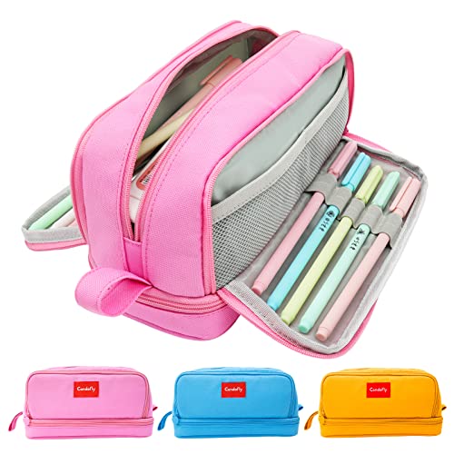 Candofly Large Capacity Pencil Case - Big Pencil Pouch Aesthetic Canvas Pencil Bag With 4 Compartments Multifunctional Pencil Box Pen Bag For School Students Adults Women Girls (Pink) #TOP6