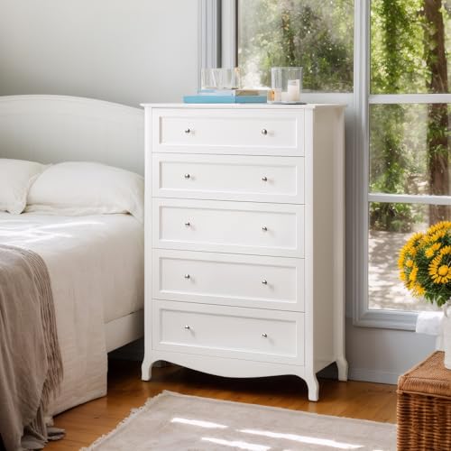 Image of VINGLI White Dresser 5 Drawer Chest of Drawers for Bedroom, 44.5 inch Tall Wood Dresser with Drawers, 29.92 inch W*15.75 inch D*44.49 inch H