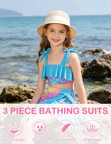 Image of ALISISTER Girls Swimsuit 3 Piece Bathing Suits Flounce Bikini Tankini Set Beach Swimwear with Cover Ups Skirt for 3-8 Years