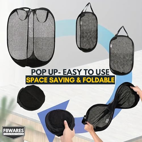 Image of F8WARES 2PK 75 Litres Nylon Mesh Foldable Laundry Basket for Clothes - Odourless Breathable Laundry Bag for Clothes with Carry Handles - Kids Toy Baskets For Storage & Dirty Cloth Basket Hamper Black