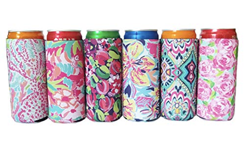 6 Floral Lily Slim Can Sleeves - Skinny 12 oz Neoprene Insulated Coolie