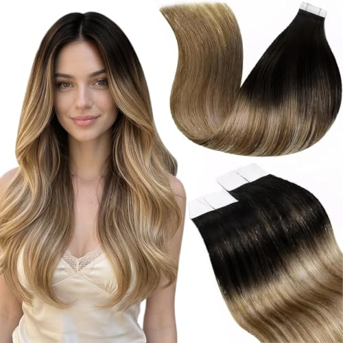 Image of LaaVoo Tape in Hair Extensions Human Hair Ombre Tape Extensions Balayage Brown Fading to Chestnut Brown Mix Golden Brown Human Hair Tape on Extension Real Remy Hair 12inch 20pcs /30g