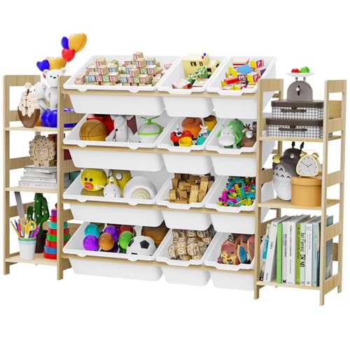 Klorgan Large Toy Storage Organizer, 12 Plastic Bins and 6 Open Shelving Units Combination, Kids Toy Storage Bins Shelf Book Rack Organization for Playroom Bedroom - White and Wood