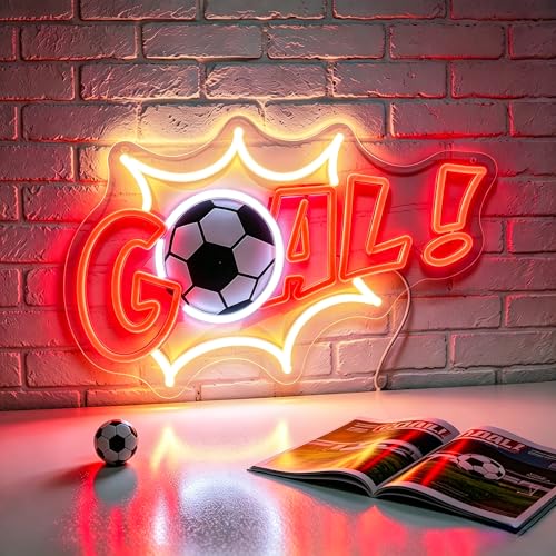 Image of Neon Sign, Soccer Neon Signs for Wall Decor LED Signs Neon Light | Soccer Goal Neon Sign for Fans, Sports Themed, Bedroom, Man Cave, Gaming Room Decor, Boys Gift, Dimmable, USB Powered