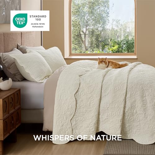 Image of Bedsure Quilts Queen Size - Ultra Soft Pre-Washed Cloud-Like Bedding, All-Season Lightweight Comforter for Country Bedroom, Leaf Design Coverlet in Cream Yellow, 90 x 96 Inches