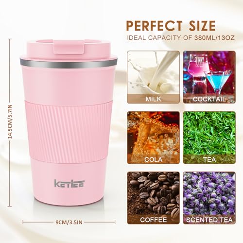 KETIEE Kaffeebecher to go,380ml Thermobecher Kaffee-to-go,Kaffeebecher Thermo,Doppelwandig Reisebecher Travel Mug,Vakuum Isolierbecher mit auslaufsicherem Deckel für Kaffee und Tee,Rosa 6
