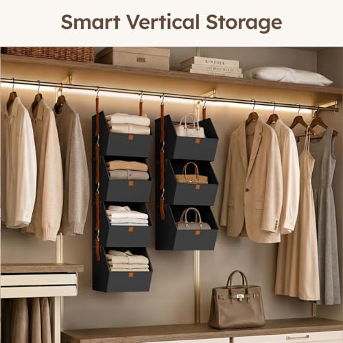 Image of Homsorout Hanging Closet Organizer 4 Tier - Clothes Hanging Shelves, Space-Saving Closet System, Fabric Storage Bins Bedroom Organization, Collapsible Baskets for Home, Dorm, Rv, Black, 8 Pack