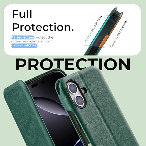 Image of PULOKA - Sleek Flip Case- Compatible for iPhone 16 Plus- Premium Vegan Leather Phone Cover with Card Slot - Slim, Durable, Privacy Protection - Kickstand Function - Elegant Flip Wallet Cases- (Green)