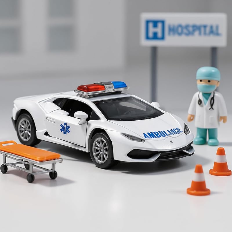 Image of Amisha Gift Gallery Diecast Ambulance Lamborghini Toy Car for Kids | 1:36 Scale Model, Metal, Pull Back, Sports Car, Boys