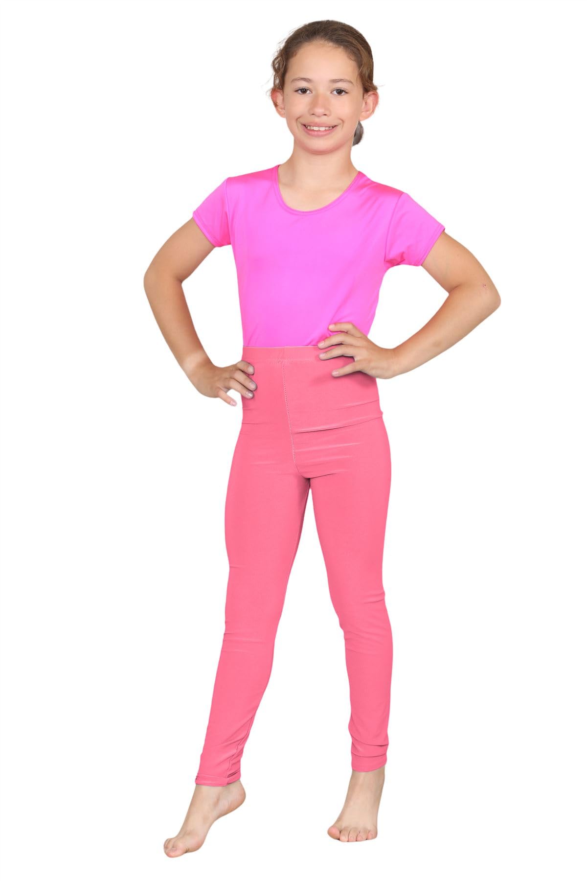 Janisramone Unisex Kids Neon Pink Janisramone® Kids Leggings Microfiber Soft Gym Leggings Plain Skinny Stretchy Underlayer Dance Girls Tights School Trousers For Girls And Boys
