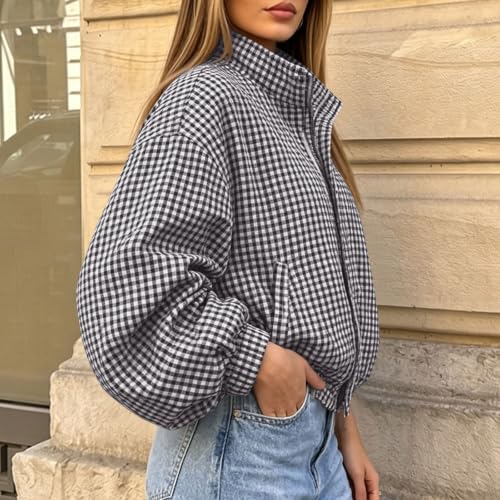 Cethrio Funnel Jacket Women Funnel Neck Jacket Women Plaid Bomber Jackets Gingham Coats Cropped Zipper Fall 2026 Fashion Chaqueta Deportiva Para Mujer Dressly Capsule Wardrobe - image 3