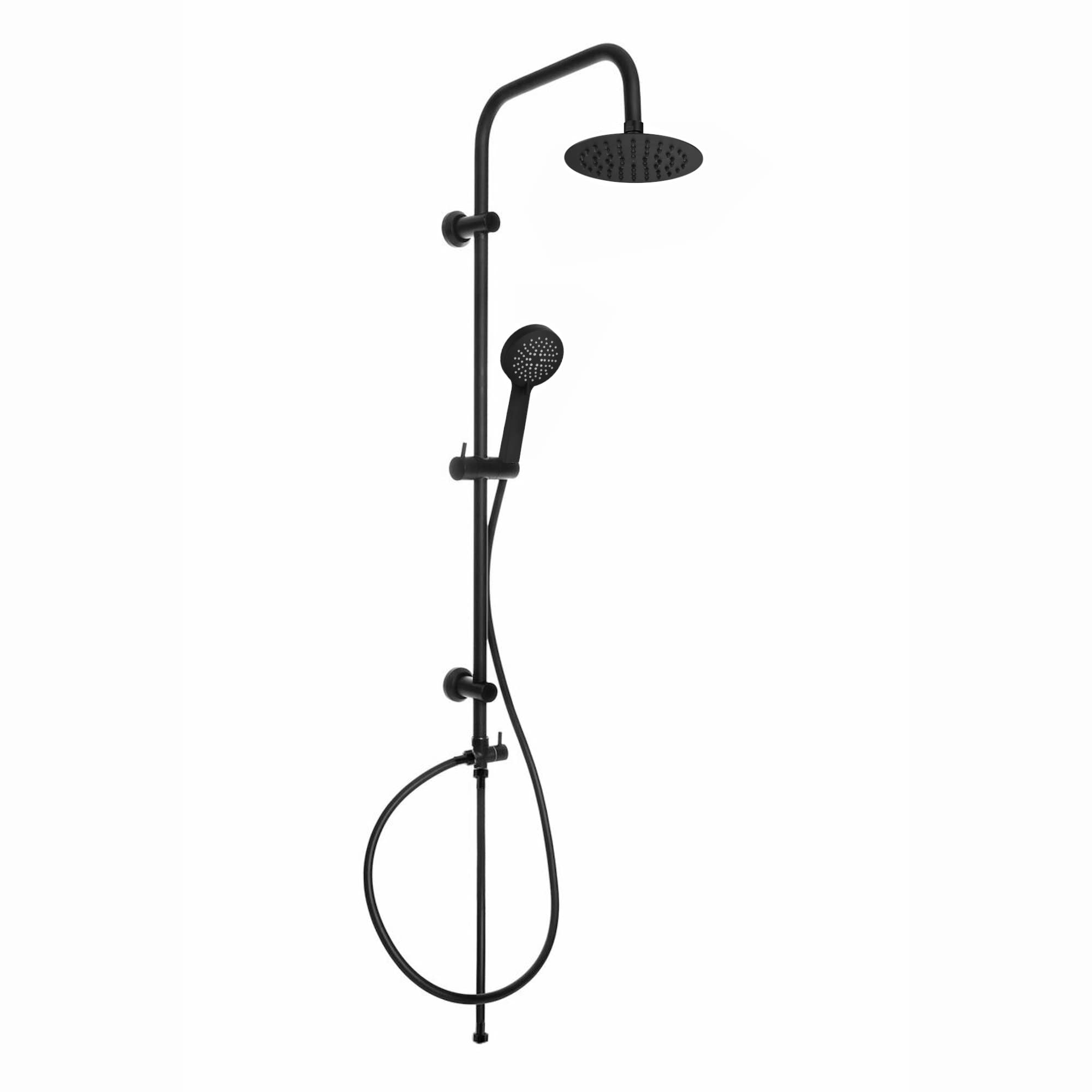 ENKI, Carre, RG065, Black, Dual Rigid Riser Kit with Round Ultra Slim High Pressure Overhead Showerhead and Multi Function Hand Shower Set, Stainless Steel, Modern, Easy to Install, 1-Year Guarantee