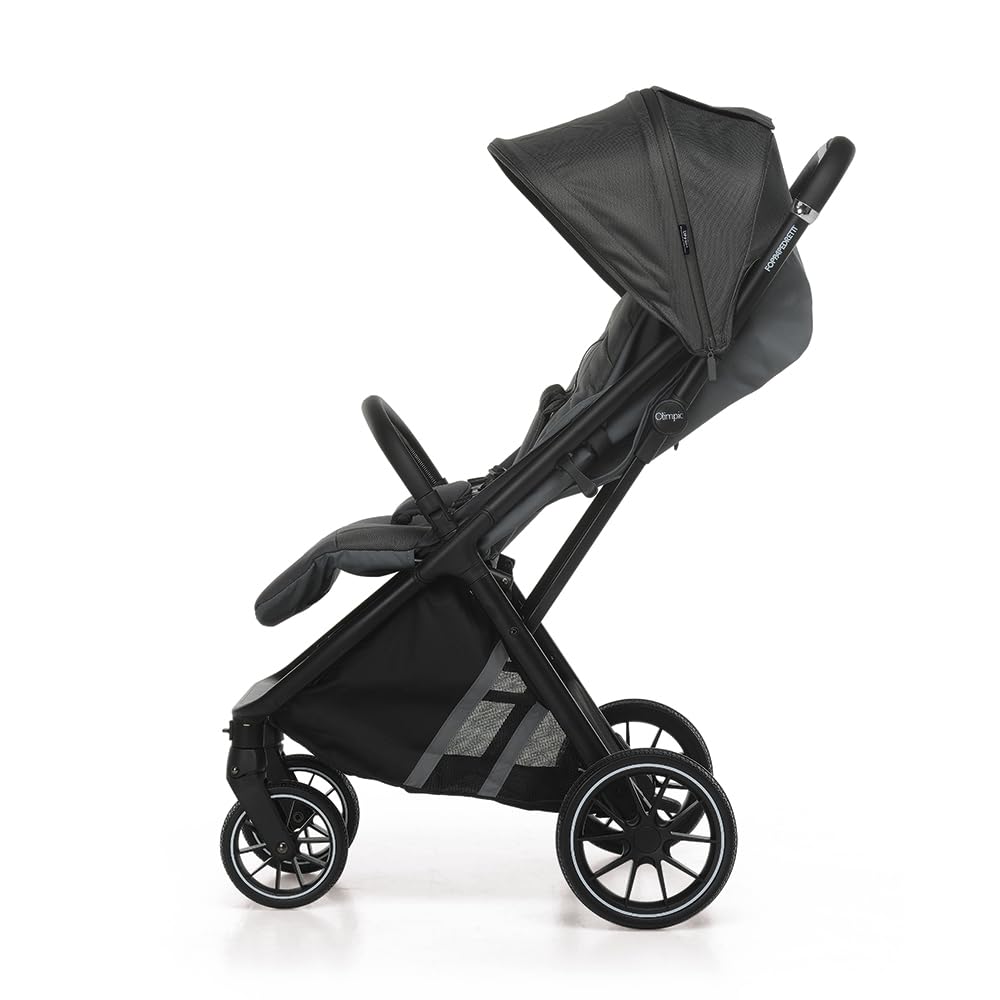 Foppapedretti Cochecito compacto Olimpic, para niños 0-22 kg (0-4 años), cierre con 1 mano, autopie, ruedas amortiguadas, tejido UPF50+, cremalleras resistentes al agua, transportable, color plateado