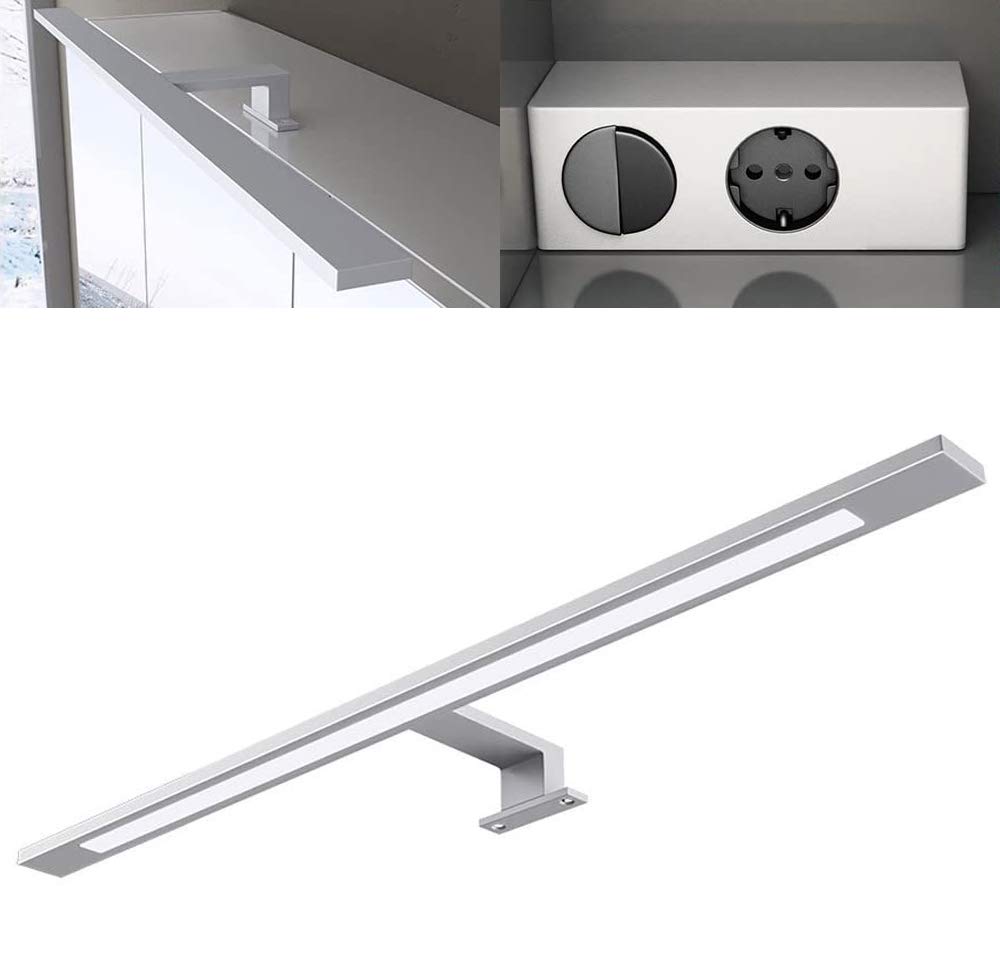 Mai & Mai LED Spiegellampe mit Trafo Doppelschalter und Steckdose Weiß | 500 Lumen, Energieklasse A universalweiß (5000K), Bad Spiegellampe aus Aluminium, 6W 40cm