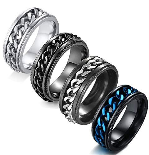 Casdan 4Pcs Stainless Steel 8Mm Band Spinner Rings For Men Cuban Chain Ring Set Biker Grooved Edge, Size 7 #TOP7