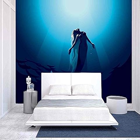 BBING COLOR 100x100 inches Wall Mural,Mermaid in Deep Water Swimming up to The Surface Sunlight Rays Peel and Stick Self-Adhesive Wallpaper Removable Large Wall Sticker Wall Decor for Home Office Cover