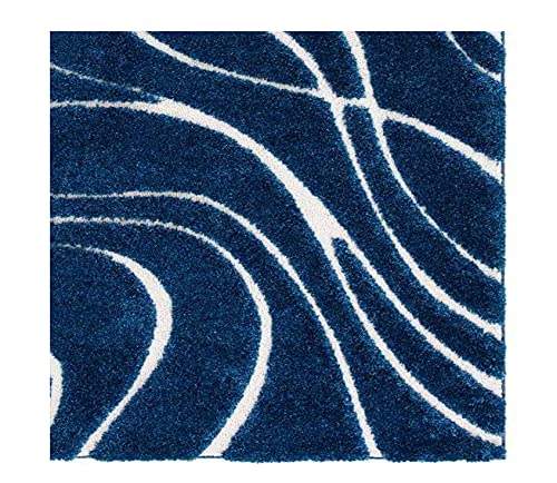 Image of Geometric Wave Shaggy Rectangular Carpet For Living Room,Bedroom,High Low Design Finish Microfiber 1.8 Inch Pile High,5X7 Feet Navy|Ivory Color