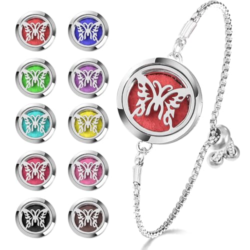 Essential Oil Diffuser Bracelet Aromatherapy Locket Adjustable Bracelet Stainless Steel Butterfly Bracelet with 10 Pcs Refill Pads for Women Girls