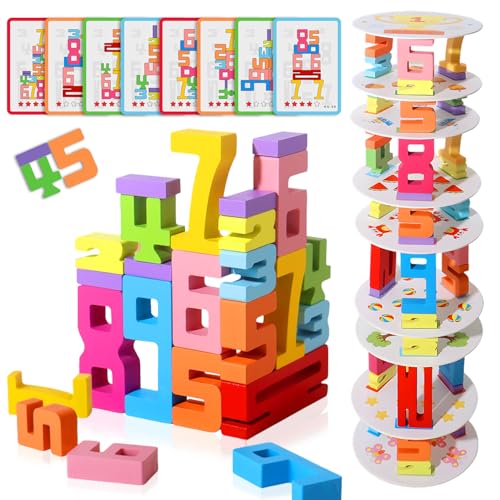 KISPATTI Montessori Brettspiel aus Holz ab 3 Jahre - 45 Stück Number Blocks Holz Zahlenblocks Spielzeug mit Mathe Lernspiel & Feinmotorik Spiel Geschenk Junge Mädchen