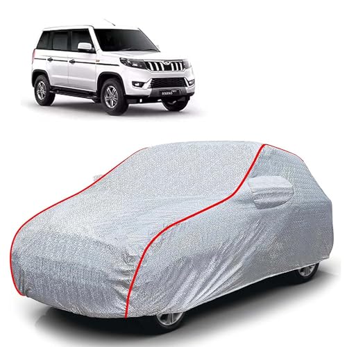 Image of Sulfar 100% Waterproof Car Body Cover Compatible with Mirror for Mahindra Bolero Neo Plus (Triple Stitched, Full Bottom Elastic, Magic Silver with Red Piping)