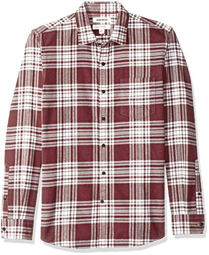 Amazon Brand - Goodthreads Men's Slim-Fit Long-Sleeve Brushed Flannel Shirt, -burgundy plaid, Large