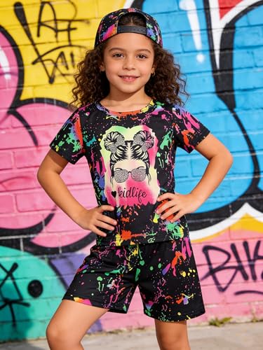 Image of OLMRJKD Kid Toddler Girl Clothes Summer Short Sleeve Figure Graphic Tee Shirt + Shorts Summer Outfits Set