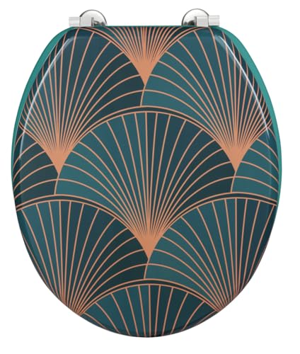 WENKO Asiento de WC Aira, tapa de váter de fibras de madera, certificación FSC, fijación de acero inoxidable y tapa con motivo geométrico en estilo art déco, (An. x P): 35,5 x 42,5 cm, multicolor