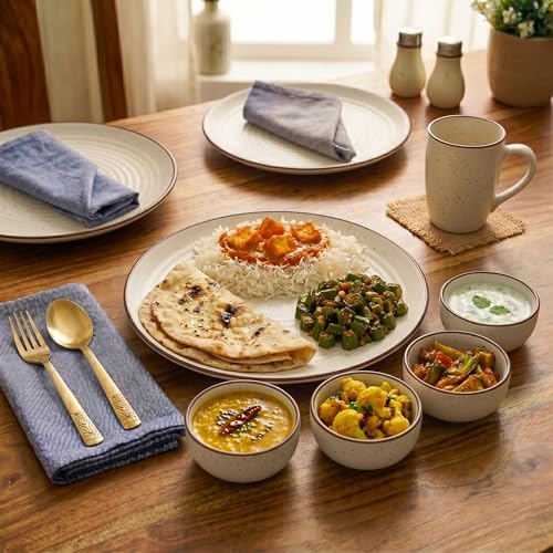 Image of The Earth Store Spiral White Ceramic Dinner Set, 18 Pieces with 6 Dinner Plates & 12 Vegetable Bowls | Microwave & Dishwasher Safe | Crockery Set for Dining & Gifting
