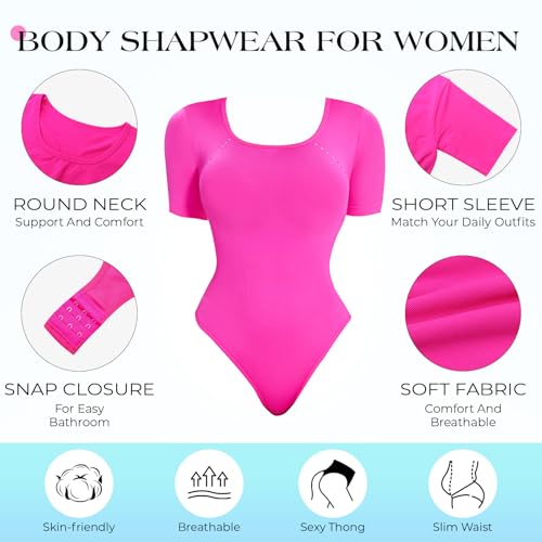 Image of Anygirl Short Sleeve Shapewear Bodysuit for Women Tummy Control Round Neck Body Shaper Seamless Thong Bodysuits T-Shirt Tops