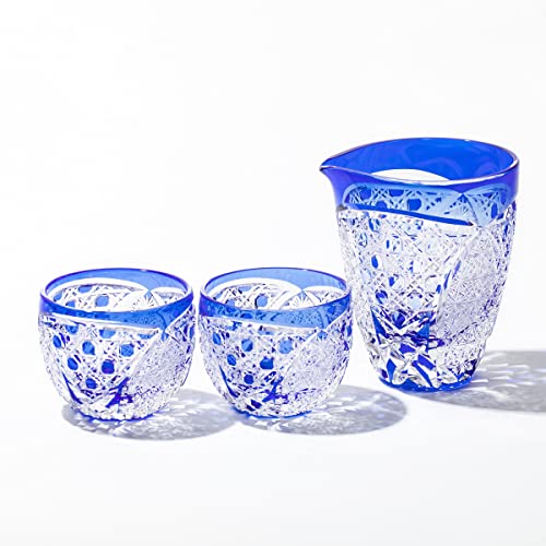 【 太武朗工房 公式 直販 】 クリスタル江戸切子 菊繋ぎに籠目紋 酒器三点揃(ルリ)TB5114-32s 木箱入り 日本製