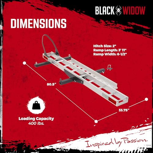 Image of Black Widow Motorcycle Hitch Carrier with Wheel Chock & Ramp, 400 lb Capacity Anti-Rattle - Lightweight Aluminum Dirt Bike Transport Platform with Secure Mounting - Fits 2 inch Receiver