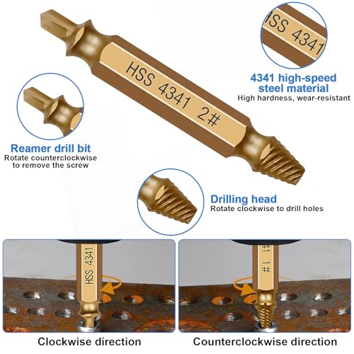 6 Schraubenausdreher Set,Hergestellt Aus HSS 4341,Doppelseitiger Linksausdreher,BeschäDigte Schraube Entferner Extraktor Set,für Extraktor Zum Entfernen Beschädigter Schrauben(Vergoldet)
