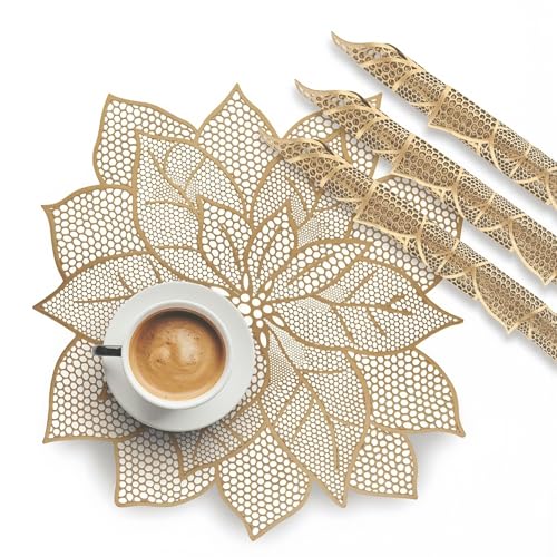 Image of Kuber Industries 4 Pcs Set Leather Side Table Mats | Washable Placemat /Dining Table Mat for Wedding and Family Functions | Patta Design - Golden