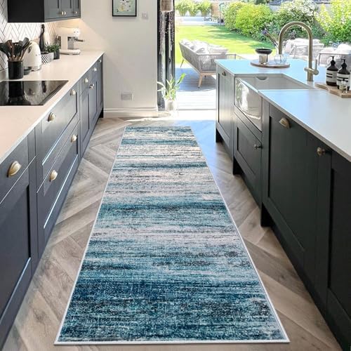 KOZYFLY Runner Rug 3x10 Modern Ombre Runners for Hallways, Washable Rugs for Bedroom Non-Slip Soft Stain Resistant Striped, Print Distressed Blue Abstract Carpet for Living/Laundry/Kid Room