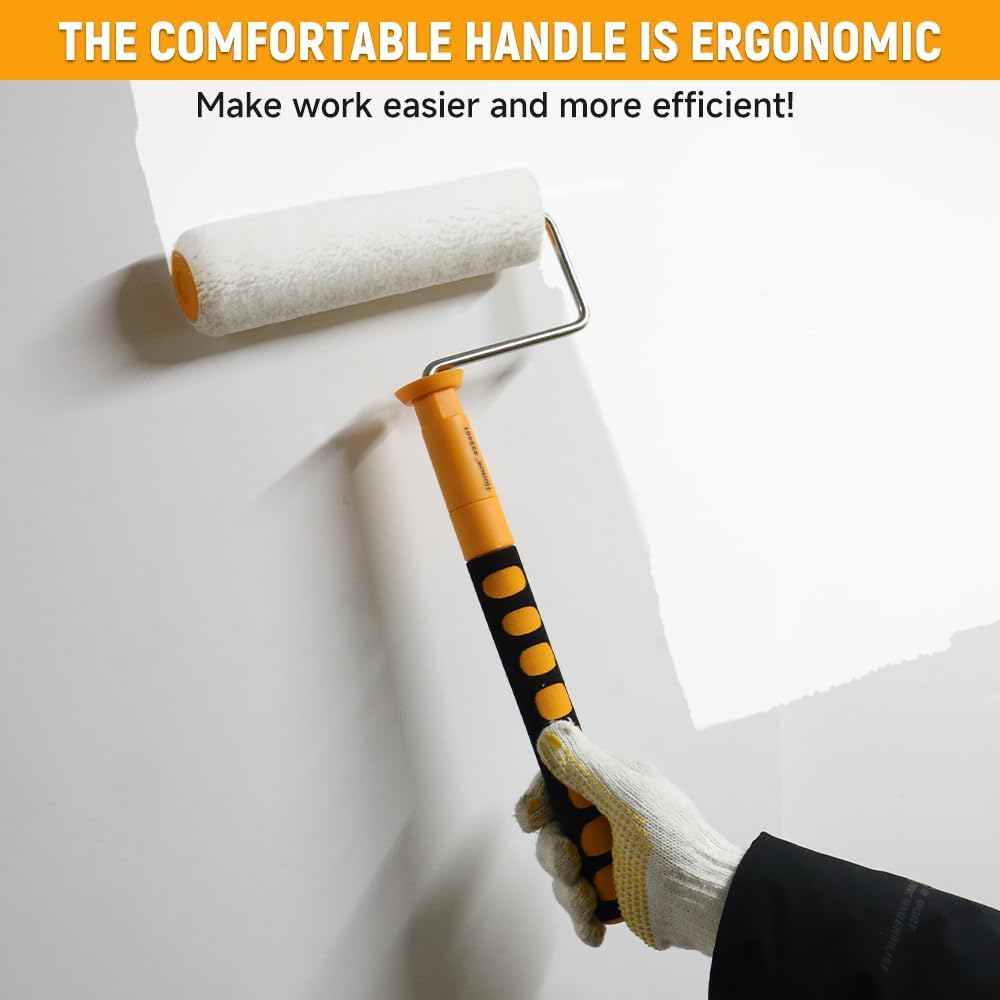 Person using the Hoteche paint roller to paint a white wall, showcasing the ergonomic foam handle.