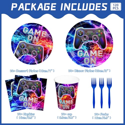 120pcs Video Game Party Plates Napkins Game on Birthday Party Supplies Neon Video Ppaer Cup Gaming Tableware Party Supplies for Boys Girls Gamer Party Serve 24 Guests - Image 3