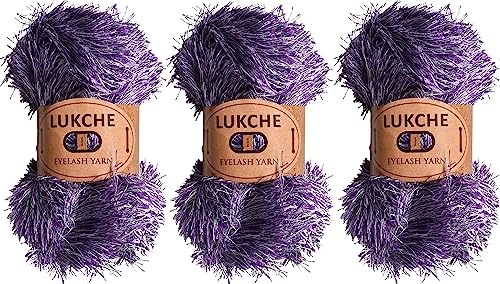 Image of Eyelash Fun Fur Yarn Premium 100% Polyester 164 Yds (150 Mt), 3.53 Oz (100 Gr) Colorful Crochet Yarn Dıy Hand Knitting (White Purple, 3 Skein)