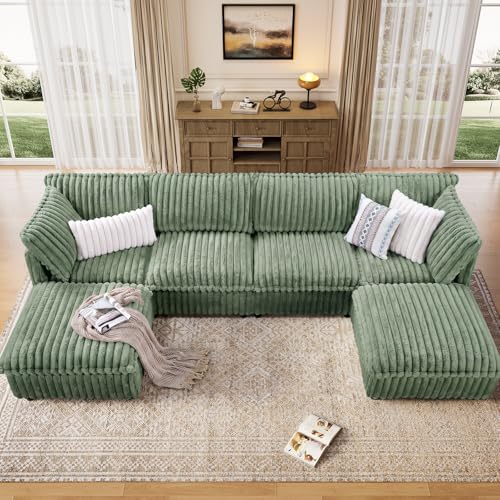 KKL Modular Sectional Couch for Living Room, U Shaped Corduroy Couches with 1 Ottomans, 2 Seater Oversized Sofa Convertible to Sleeper, Soft Fabric Modern Sofa, Green; incomplete 