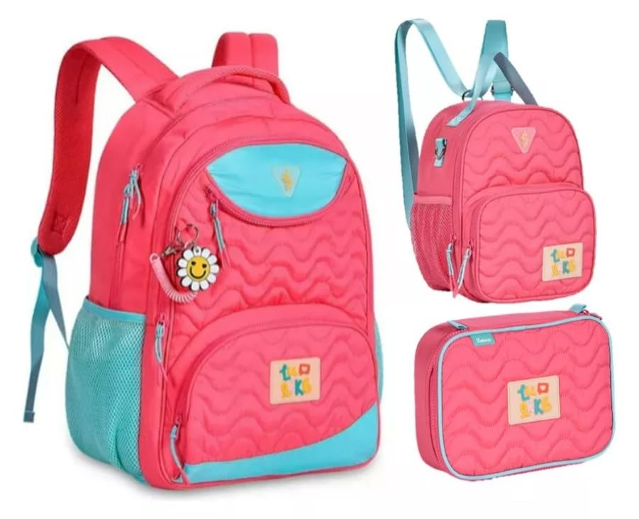 Kit Mochila Escolar Luluca 2024, Mochila 44x33cm + Lancheira + Estojo, Rosa e Turquesa, Impermeável