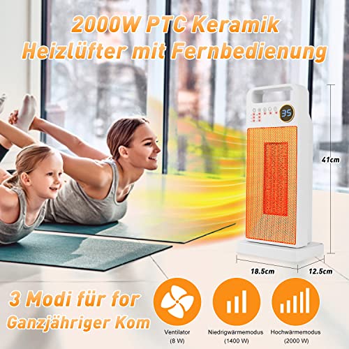 Ventilatorkachel met afstandsbediening, energiebesparend, stil, 2000 W, keramische ventilatorkachel, snelverwarmer met oscillatietiming, omvalbeveiliging, oververhittingsbeveiliging, 2 x warmtestanden, verwarming voor thuis en op kantoor - Afbeelding 3