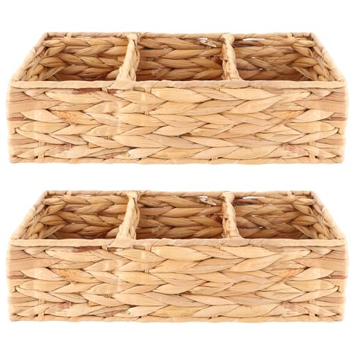LOPYXBR 2 cestas de almacenamiento trenzadas, cesta de jacinto de agua con 3 compartimentos, 36 x 14,5 x 10 cm, cesta trenzada rectangular, cesta de almacenamiento para dormitorio, baño, despensa