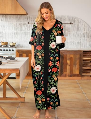Image of Bloggerlove Women Nightgowns Cotton Caftan House Dress Short Sleeve Sleepwear Vacation Beach Moo Moos Dress with Pockets