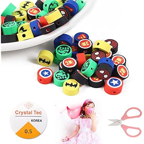 200 Pcs Superhero Clay Beads for Bracelets Jewelry Making, Handmade Polymer Clay Beads Bracelet Charms with Elastic Strings and DIY Scissor for Bracelet Making Necklace Kit Accessories Cover
