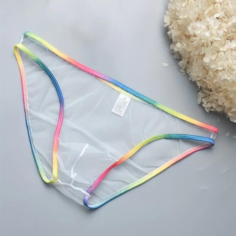 3Pcs Men's Underwear Ultra Thin Transparent Rainbow Mesh Panties Colorful Borders Briefs, for Casual Attire3