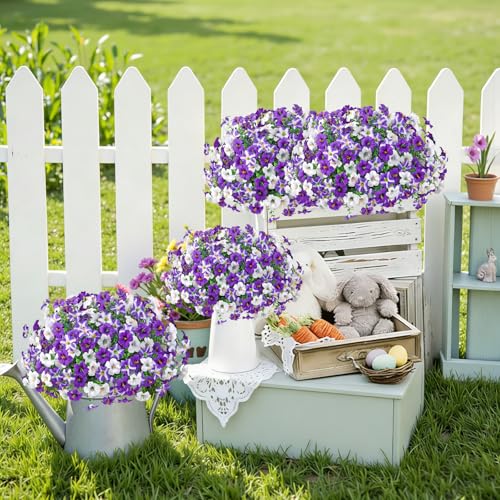 KHOYIME Artificial Flowers for Outdoor Decoration, 12PCS Faux White Purple Petunias Silk Flower UV Resistant Realistic Fake Plants for Outside Planter Garden Porch Yard Spring Summ image 7