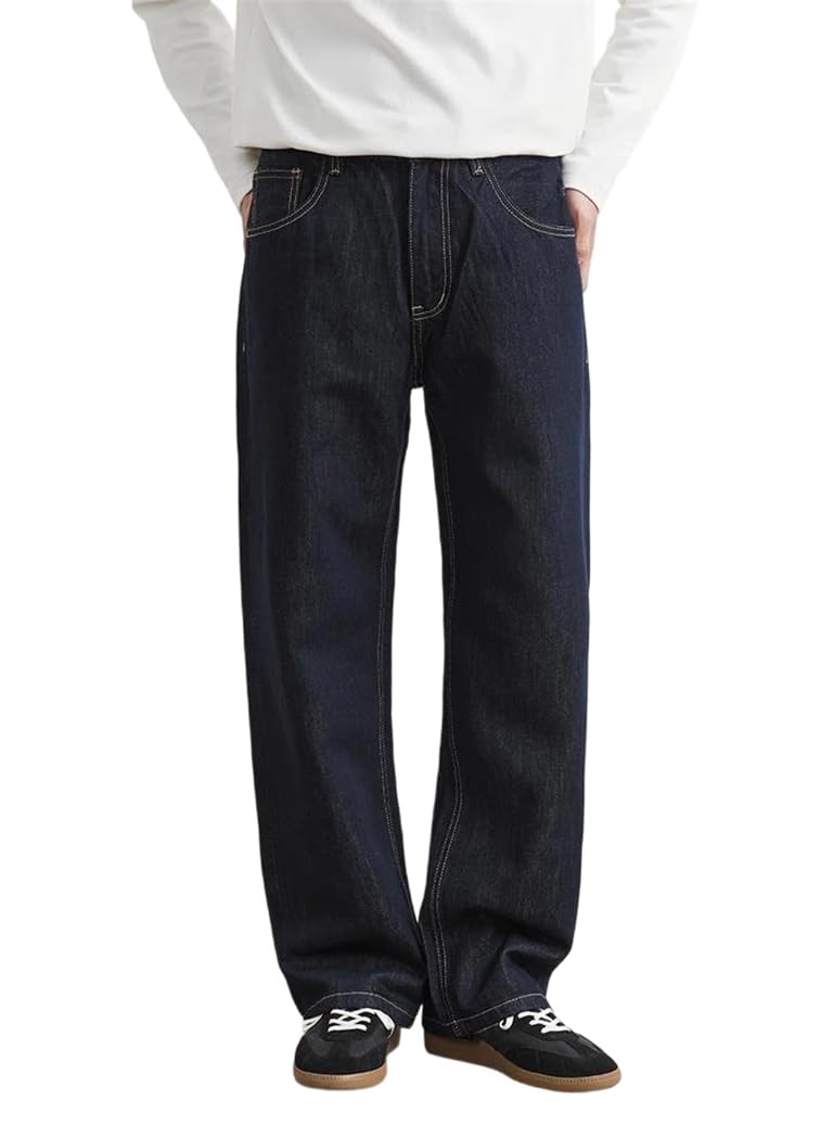 Mens Classic Straight Leg Jeans Vintage Blue Wide Leg Denim Pants Simple High Street Casual Style