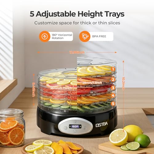 Image of OSTBA Food Dehydrator, 5 BPA-Free 12.2 inch Trays, Adjustable Temp 95-160℉, 48H Timer, 420W Food Dryer for Fruits, Veggies, Jerky, Herbs, Home Use, BPA-Free
