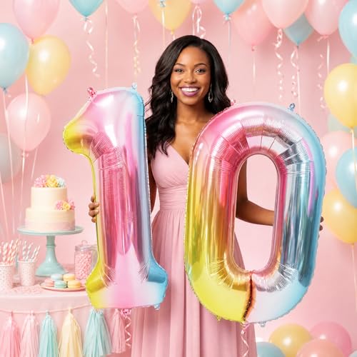 Image of Rainbow Number Balloons Birthday Balloons - Giant Number 10 Balloon 40 inch, Numbers Balloon Birthday Decorations, Rainbow Party Supplies for Baby Shower