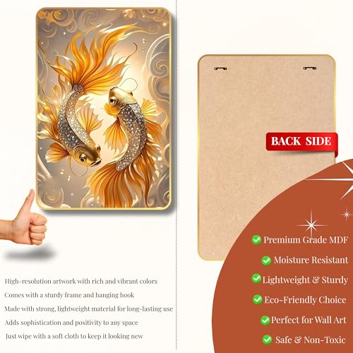 Image of Arkasto Golden Fish MDF Wall Art | Vastu Painting for Wealth & Prosperity | Golden Border Fish Wall Decor Frame for Home & Office