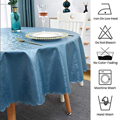 Image of Romanstile Waterproof Vinyl Tablecloth Round, 60 x 60 Inch, Flower Blue | Flannel Backing Wipeable Table Cloth, Heavy Duty Plastic PU Table Cover for Kitchen Dining, Indoor & Outdoor Use